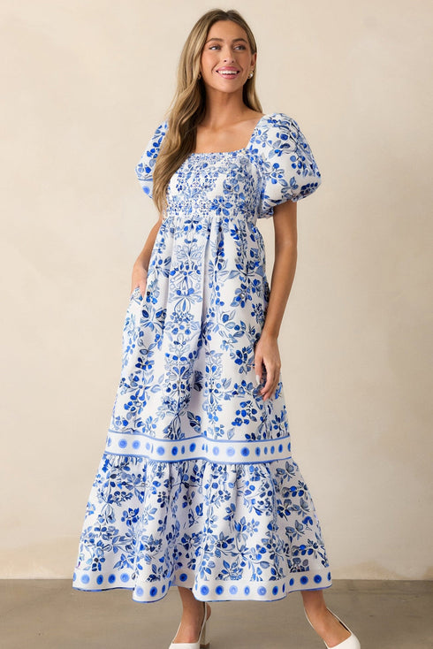 Floral Print Smocked Square Neck Bubble Sleeve Maxi Dress