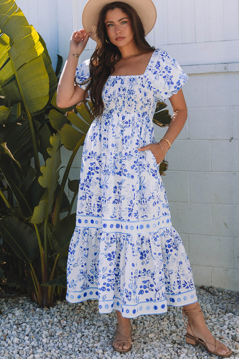 Floral Print Smocked Square Neck Bubble Sleeve Maxi Dress