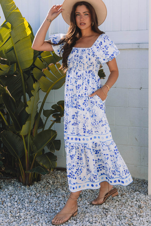 Floral Print Smocked Square Neck Bubble Sleeve Maxi Dress