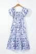 Floral Print Smocked Square Neck Bubble Sleeve Maxi Dress