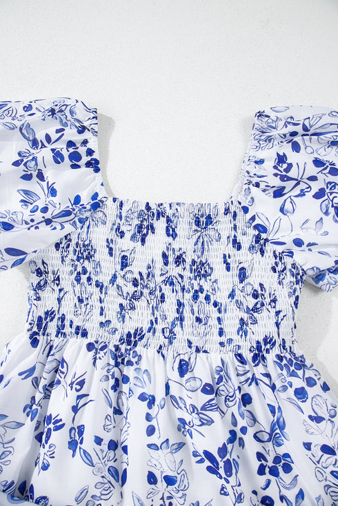 Floral Print Smocked Square Neck Bubble Sleeve Maxi Dress