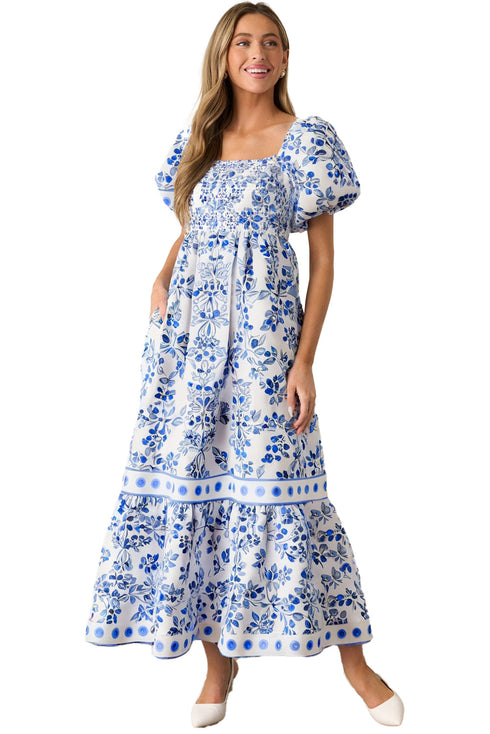 Floral Print Smocked Square Neck Bubble Sleeve Maxi Dress