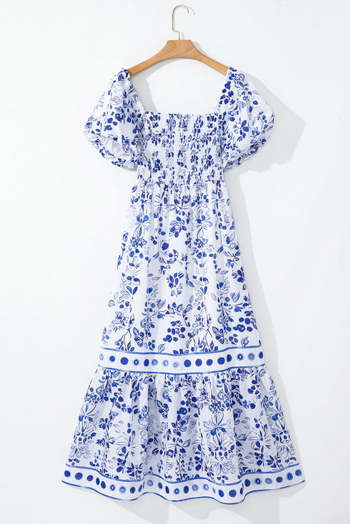 Floral Print Smocked Square Neck Bubble Sleeve Maxi Dress