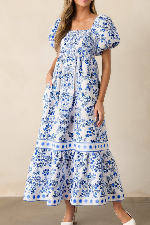 Floral Print Smocked Square Neck Bubble Sleeve Maxi Dress