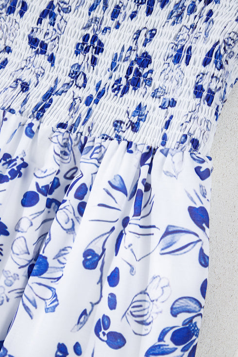 Floral Print Smocked Square Neck Bubble Sleeve Maxi Dress