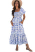 Floral Print Smocked Square Neck Bubble Sleeve Maxi Dress