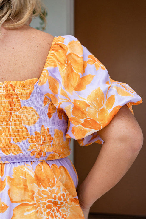 Floral Print Smocked Square Neck Puff Sleeve Babydoll Blouse