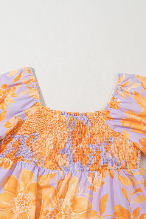Floral Print Smocked Square Neck Puff Sleeve Babydoll Blouse