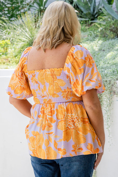 Floral Print Smocked Square Neck Puff Sleeve Babydoll Blouse