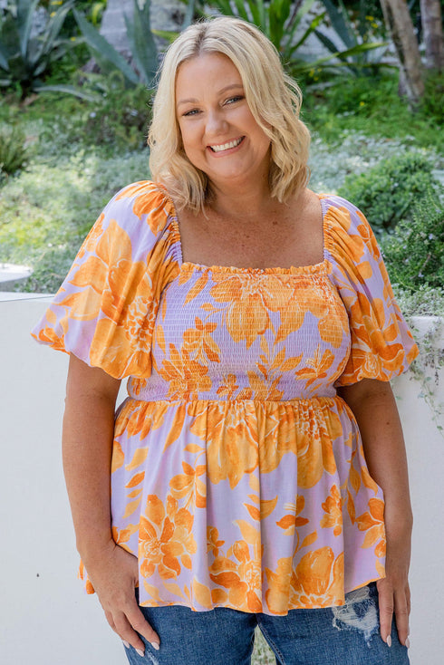 Floral Print Smocked Square Neck Puff Sleeve Babydoll Blouse
