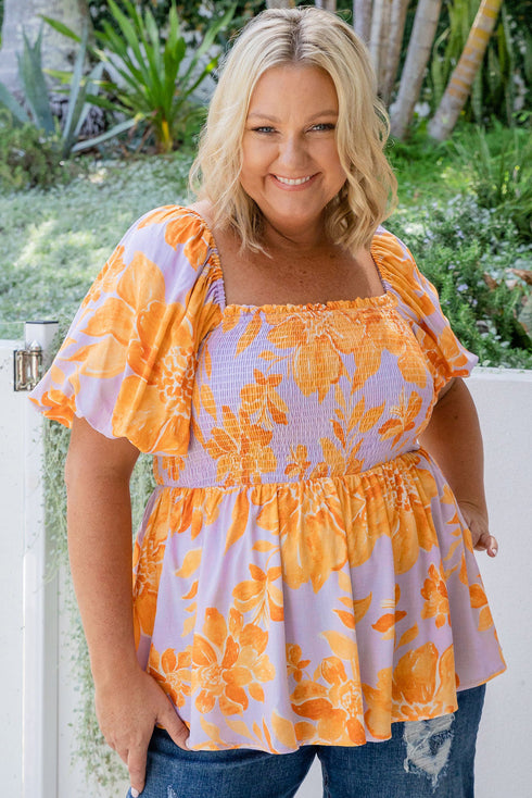 Floral Print Smocked Square Neck Puff Sleeve Babydoll Blouse
