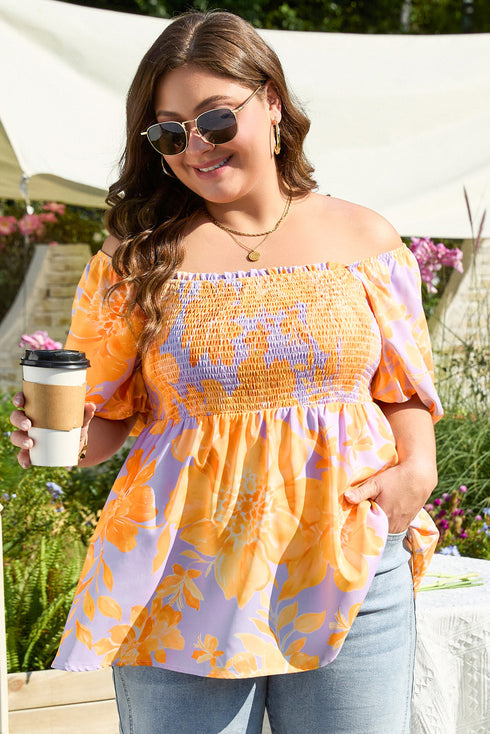 Floral Print Smocked Square Neck Puff Sleeve Babydoll Blouse