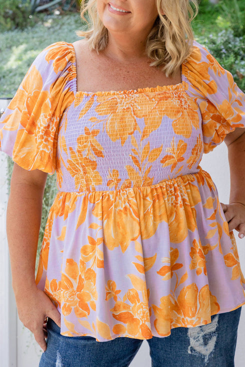 Floral Print Smocked Square Neck Puff Sleeve Babydoll Blouse