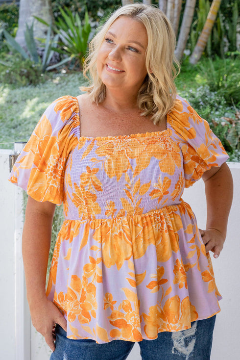 Floral Print Smocked Square Neck Puff Sleeve Babydoll Blouse