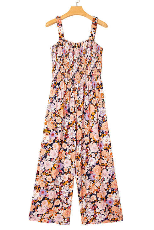 Floral Print Smocked Square Neck Wide Leg Jumpsuit