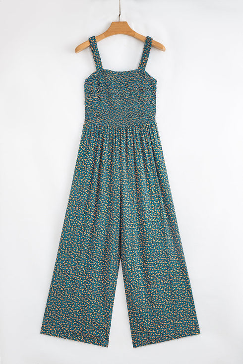 Floral Print Smocked Square Neck Wide Leg Jumpsuit