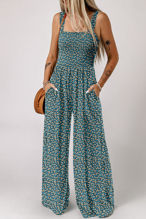 Floral Print Smocked Square Neck Wide Leg Jumpsuit