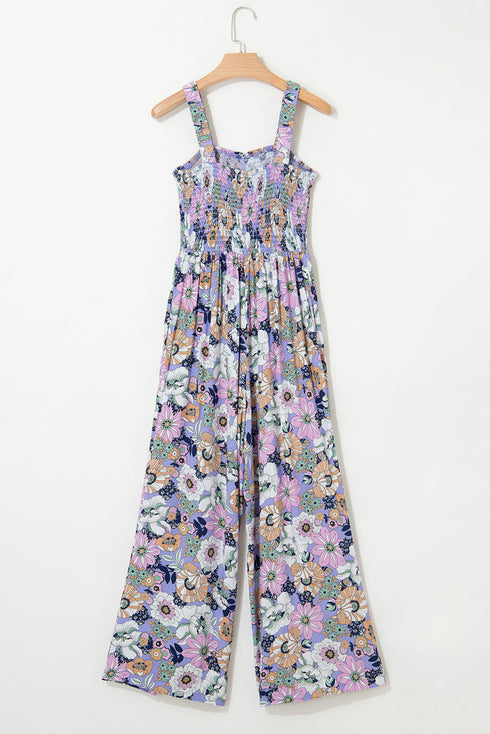 Floral Print Smocked Square Neck Wide Leg Jumpsuit