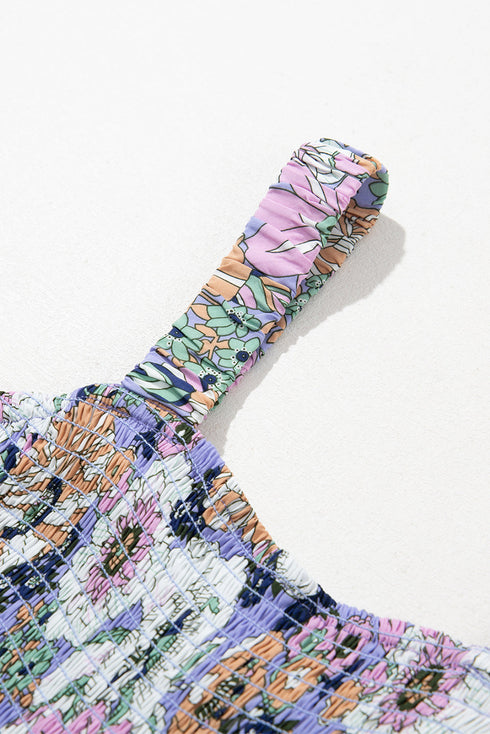 Floral Print Smocked Square Neck Wide Leg Jumpsuit