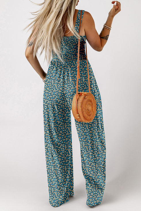 Floral Print Smocked Square Neck Wide Leg Jumpsuit