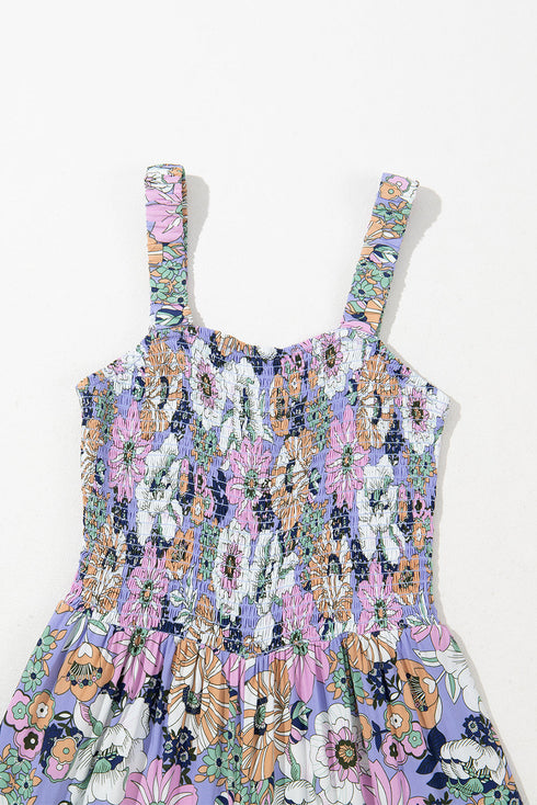 Floral Print Smocked Square Neck Wide Leg Jumpsuit