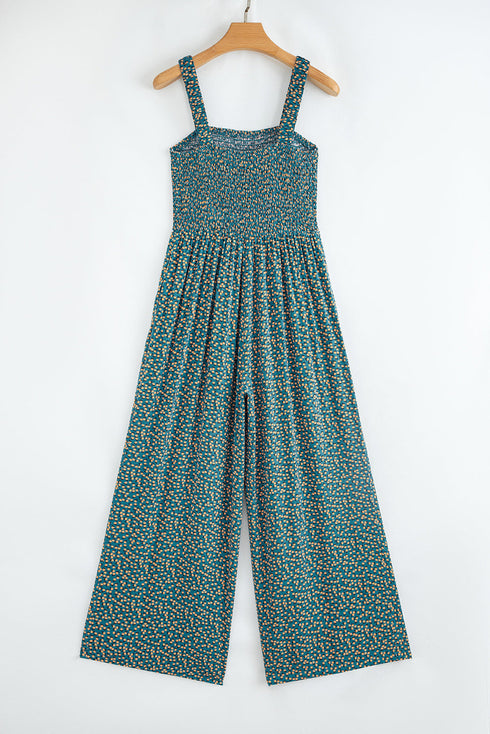 Floral Print Smocked Square Neck Wide Leg Jumpsuit