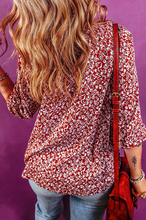 Floral Print Smocked Tie Neck Long Sleeve Viscose Blouse