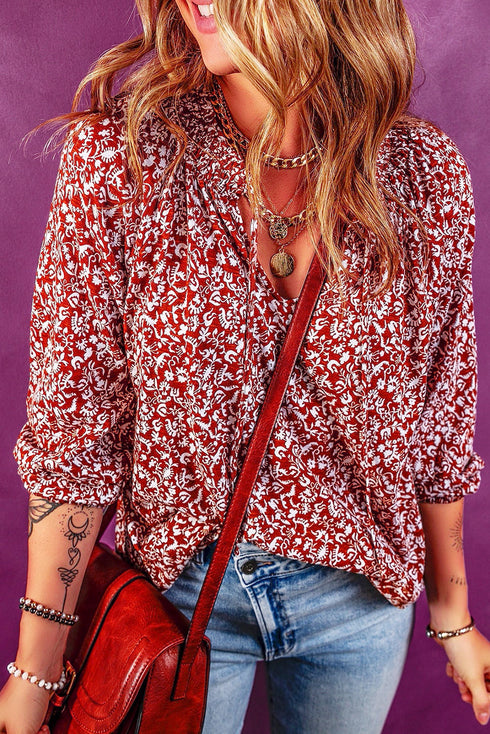 Floral Print Smocked Tie Neck Long Sleeve Viscose Blouse