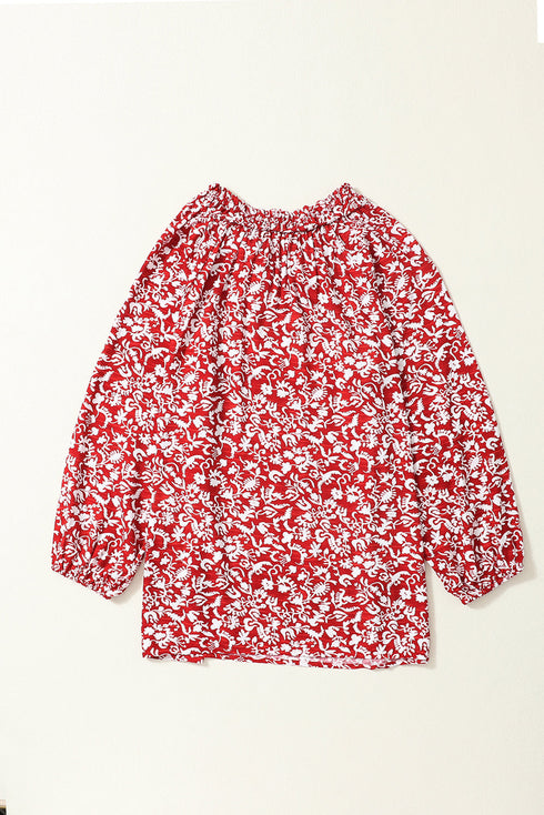 Floral Print Smocked Tie Neck Long Sleeve Viscose Blouse