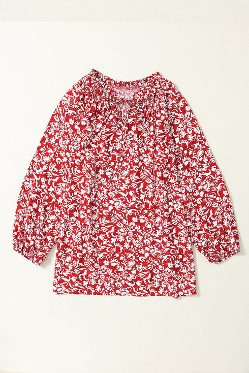 Floral Print Smocked Tie Neck Long Sleeve Viscose Blouse