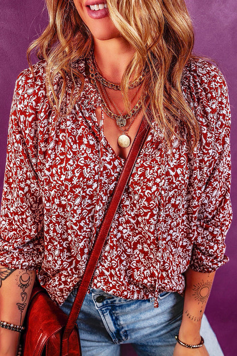 Floral Print Smocked Tie Neck Long Sleeve Viscose Blouse
