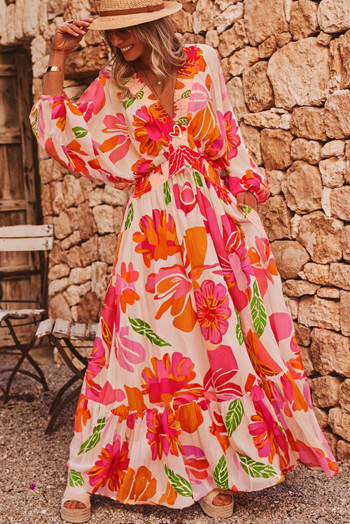 Floral Print Smocked V Neck Puff Sleeve Maxi Dress