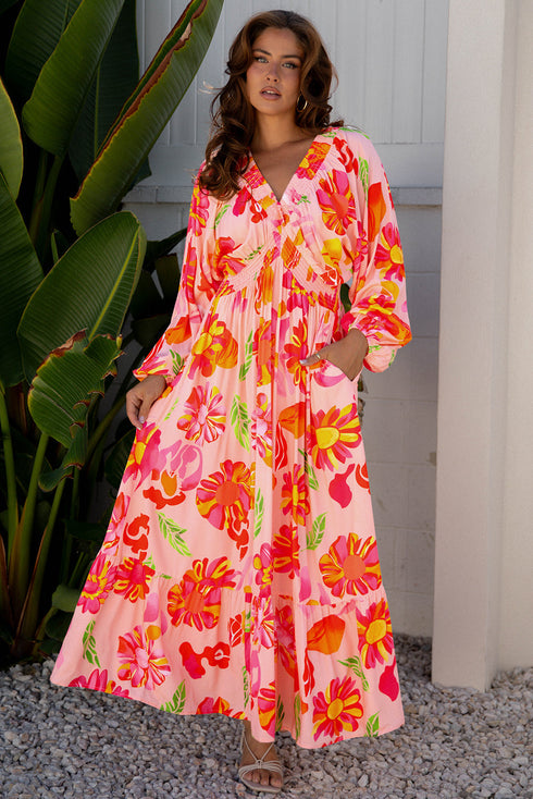 Floral Print Smocked V Neck Puff Sleeve Maxi Dress