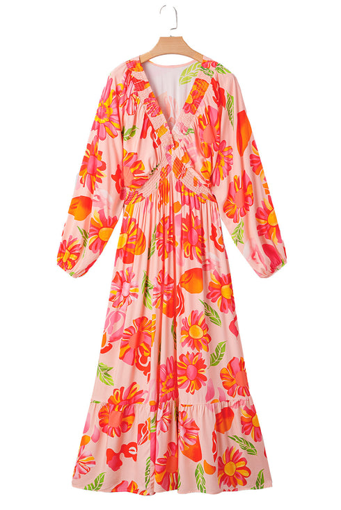 Floral Print Smocked V Neck Puff Sleeve Maxi Dress