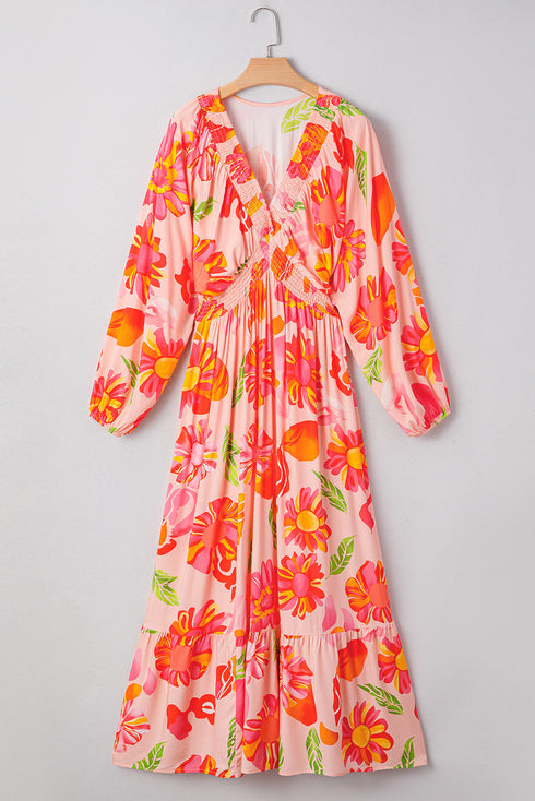 Floral Print Smocked V Neck Puff Sleeve Maxi Dress
