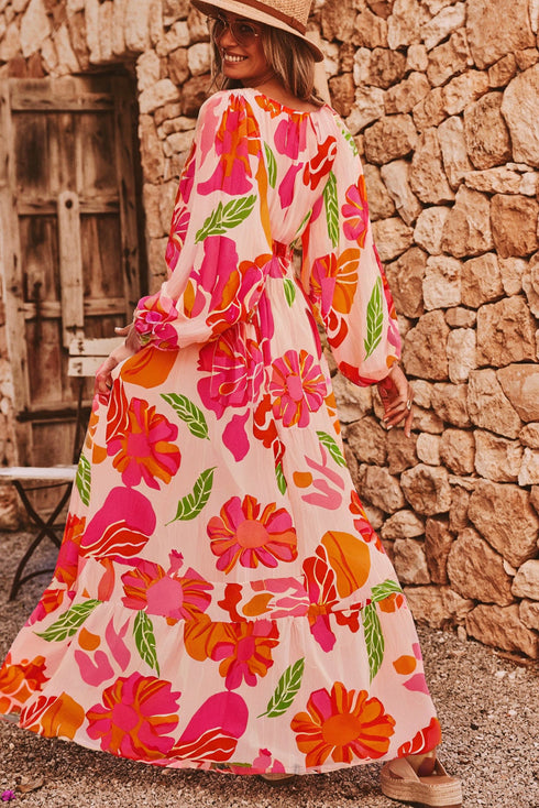 Floral Print Smocked V Neck Puff Sleeve Maxi Dress