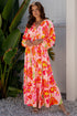 Floral Print Smocked V Neck Puff Sleeve Maxi Dress