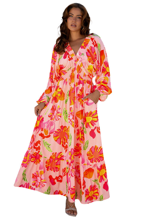 Floral Print Smocked V Neck Puff Sleeve Maxi Dress