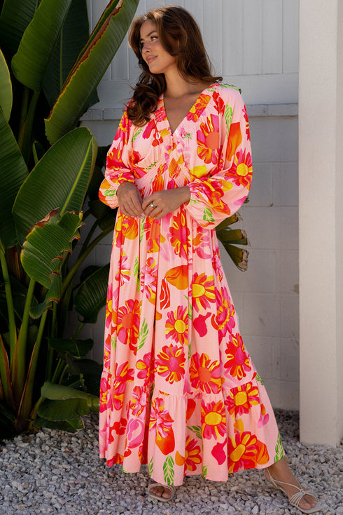Floral Print Smocked V Neck Puff Sleeve Maxi Dress