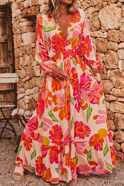 Floral Print Smocked V Neck Puff Sleeve Maxi Dress