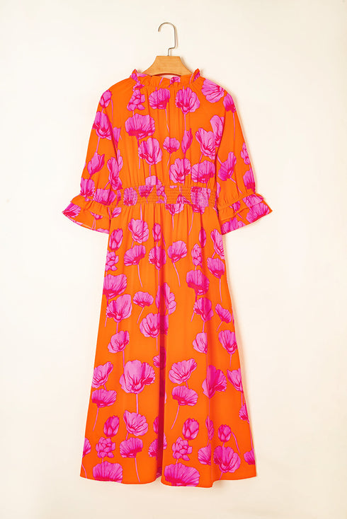 Floral Print Smocked V Neck Ruffle Sleeve Maxi Dress
