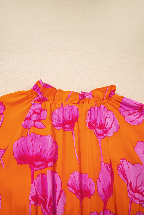Floral Print Smocked V Neck Ruffle Sleeve Maxi Dress