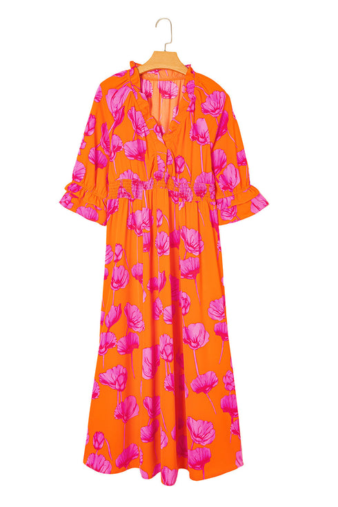 Floral Print Smocked V Neck Ruffle Sleeve Maxi Dress