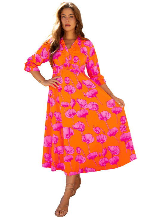 Floral Print Smocked V Neck Ruffle Sleeve Maxi Dress