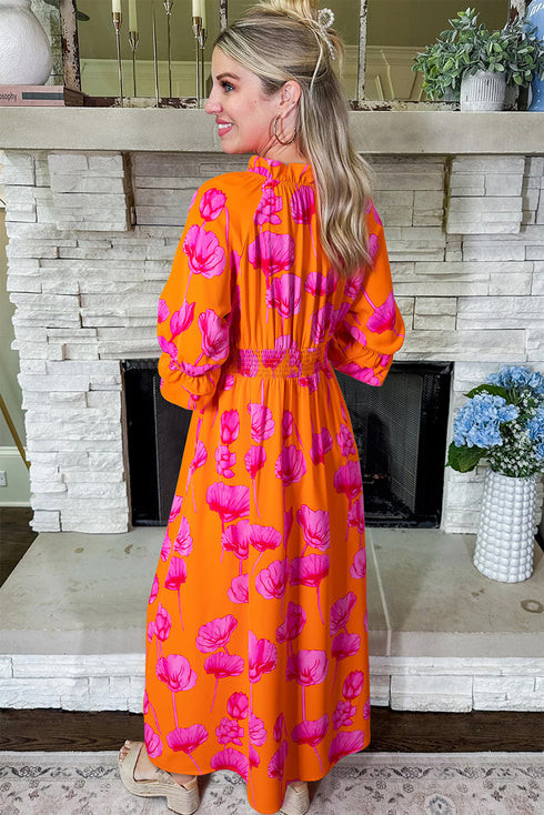 Floral Print Smocked V Neck Ruffle Sleeve Maxi Dress