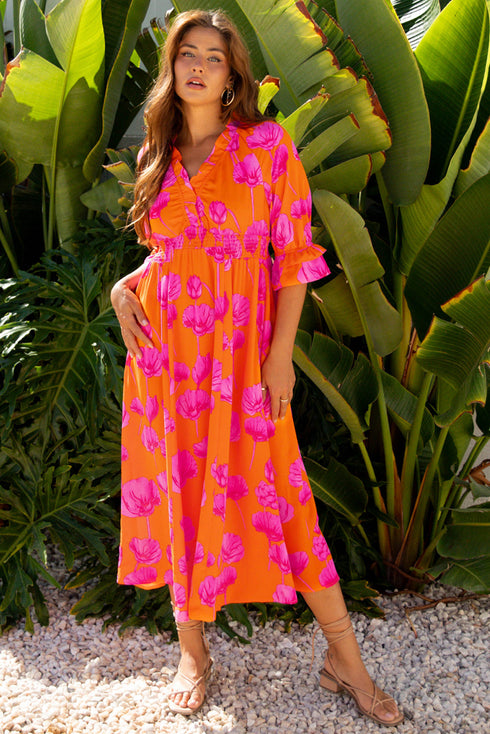 Floral Print Smocked V Neck Ruffle Sleeve Maxi Dress