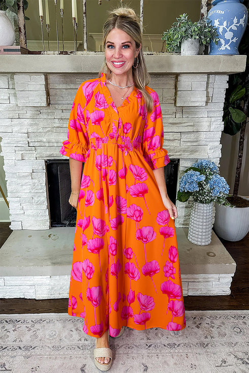 Floral Print Smocked V Neck Ruffle Sleeve Maxi Dress