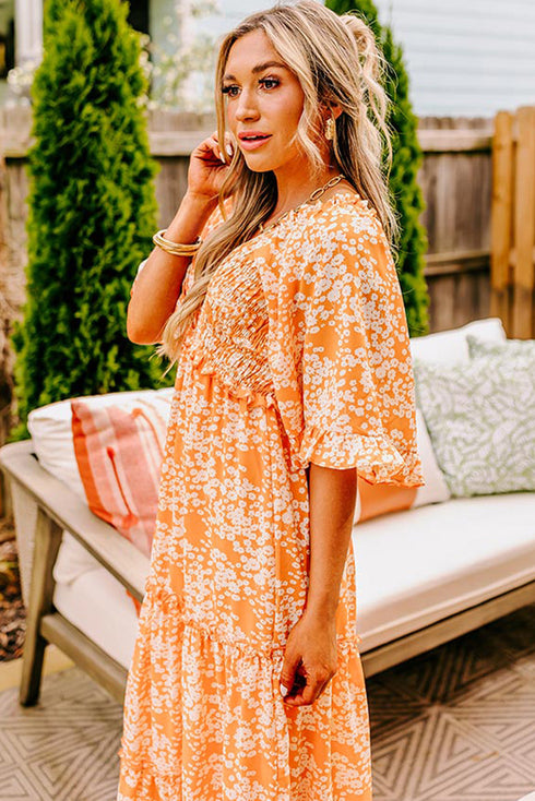 Floral Print Smocked V Neck Wide Sleeve Maxi Dress