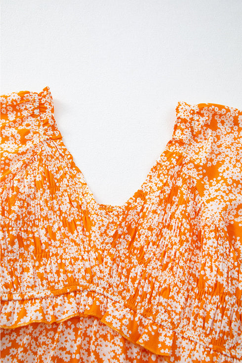 Floral Print Smocked V Neck Wide Sleeve Maxi Dress