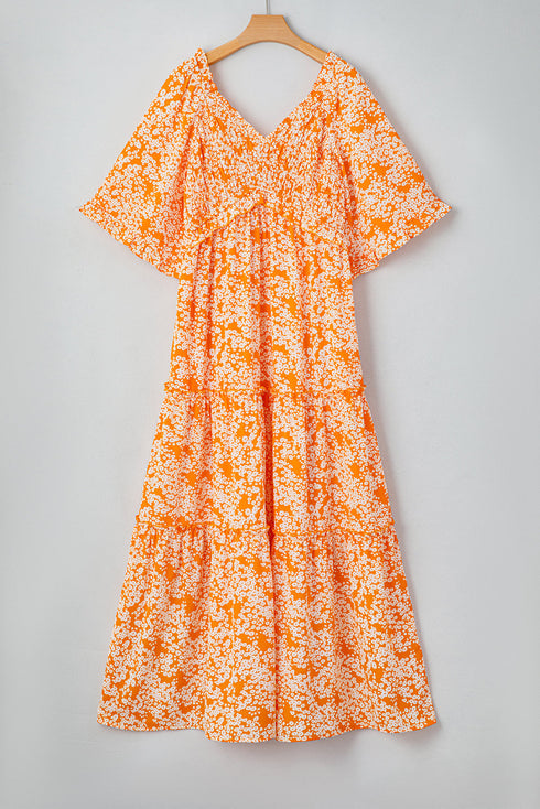 Floral Print Smocked V Neck Wide Sleeve Maxi Dress
